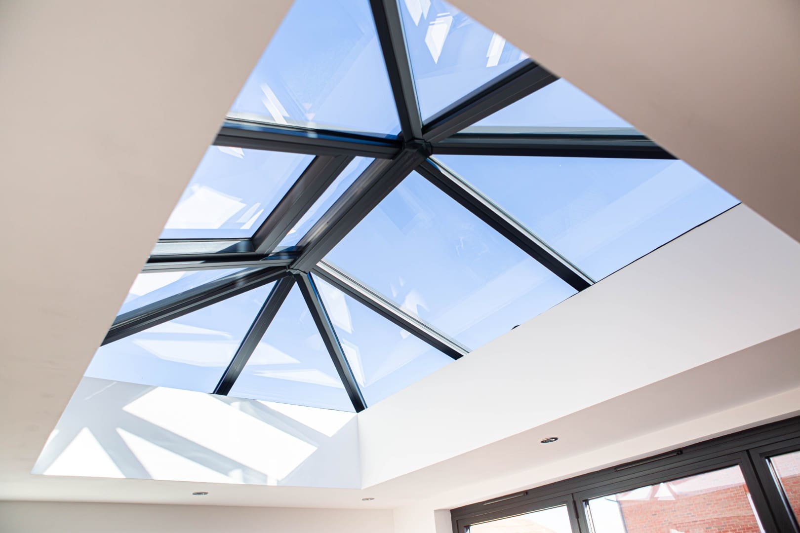 Aluminium roof lantern seen from inside a light-filled room